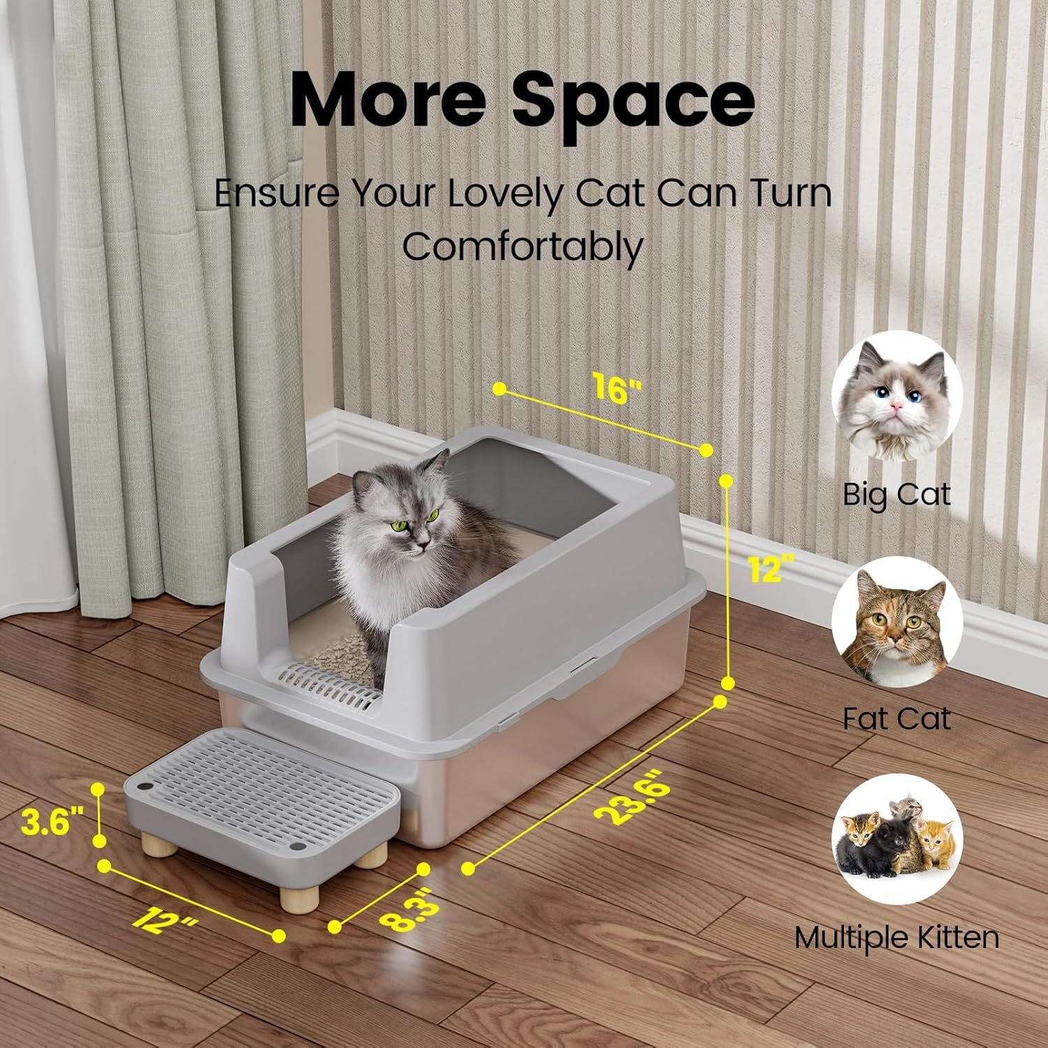 Gogcaro Enclosed Stainless Steel Cat Litter Box with Lid Extra Large Litter Box for Big Cats XL Metal Litter Pan Tray with High Wall Sides Enclosure, Non-Sticky, Anti-Leakage, Easy Cleaning