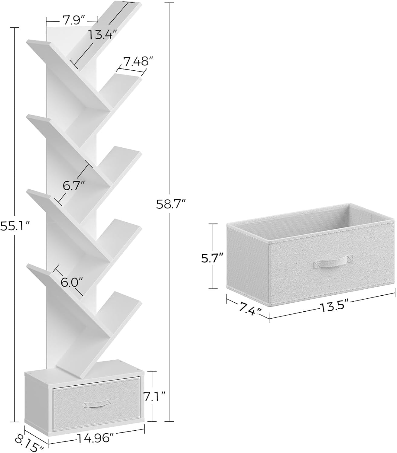 Greenstell 9-Tier Wooden Bookcase with Drawer, Free Standing Tree Bookshelf, White