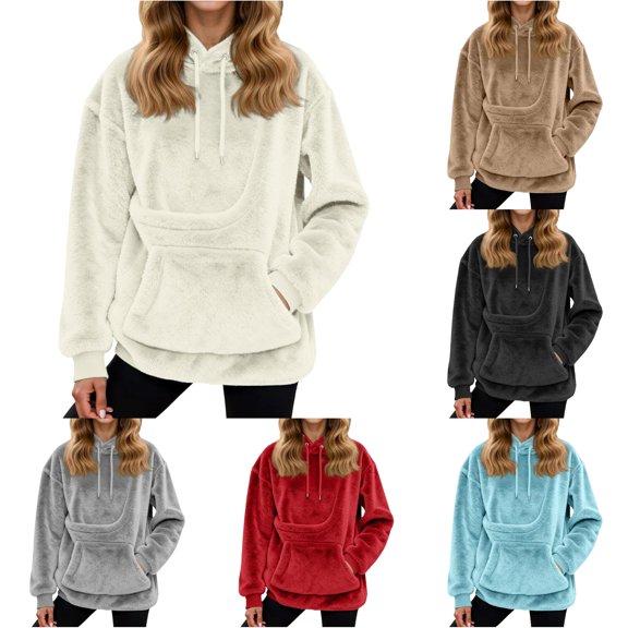 XIAONU Womens Plush Hoodie Oversized Pocket Daily Walking Pullover Sweatshirt