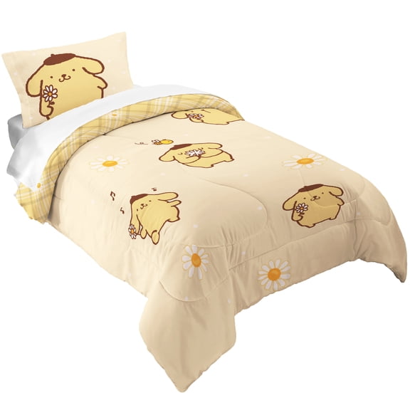 Pompompurin 2 Piece Yellow Reversible Comforter and Pillowcase set, Twin/full, Sanrio