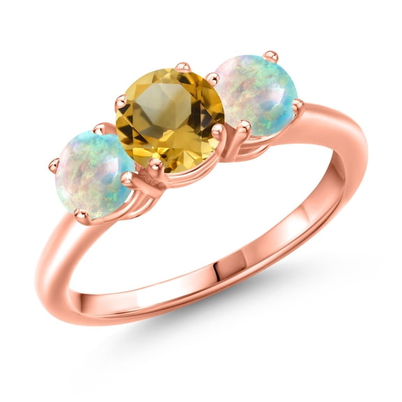 Gem Stone King 18K Rose Gold Plated Silver Yellow Citrine and Simulated White Opal Engagement Ring for Women | 1.80 Cttw | Round 6MM | Gemstone November Birthstone | Size 8