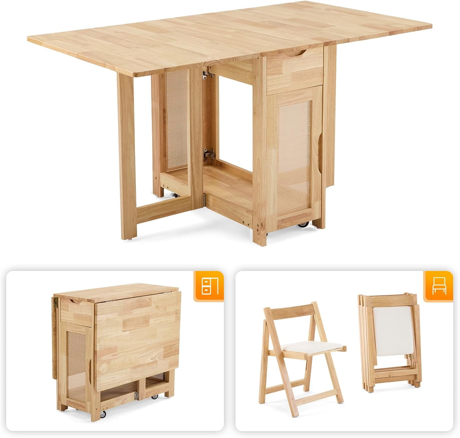 VINGLI Folding Dining Table Extendable Drop Leaf Foldable Table 5 Piece with 4 Chairs 2 Drawers and Wheels for Kitchen Space Saving，Natural