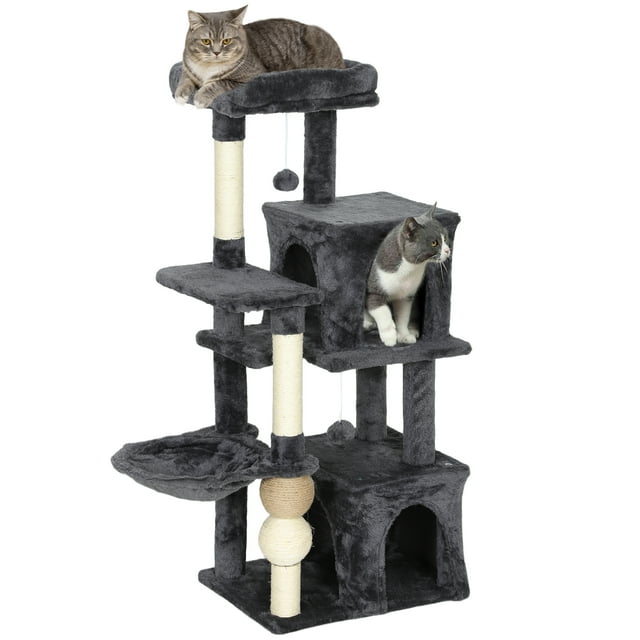 PawHut Tour à Chat à Plusieurs Niveaux, Arbre à Chat avec 2 Condos et Hamac, Gris Foncé