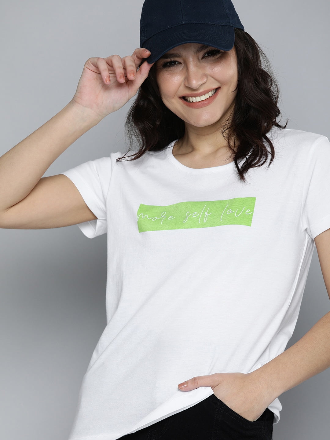 HERENOW - Myntra Casual T-Shirts Women White Green Typography Printed Short Sleeves Regular Pure Cotton Round Neck Ready Wear T-shirt - Walmart.com