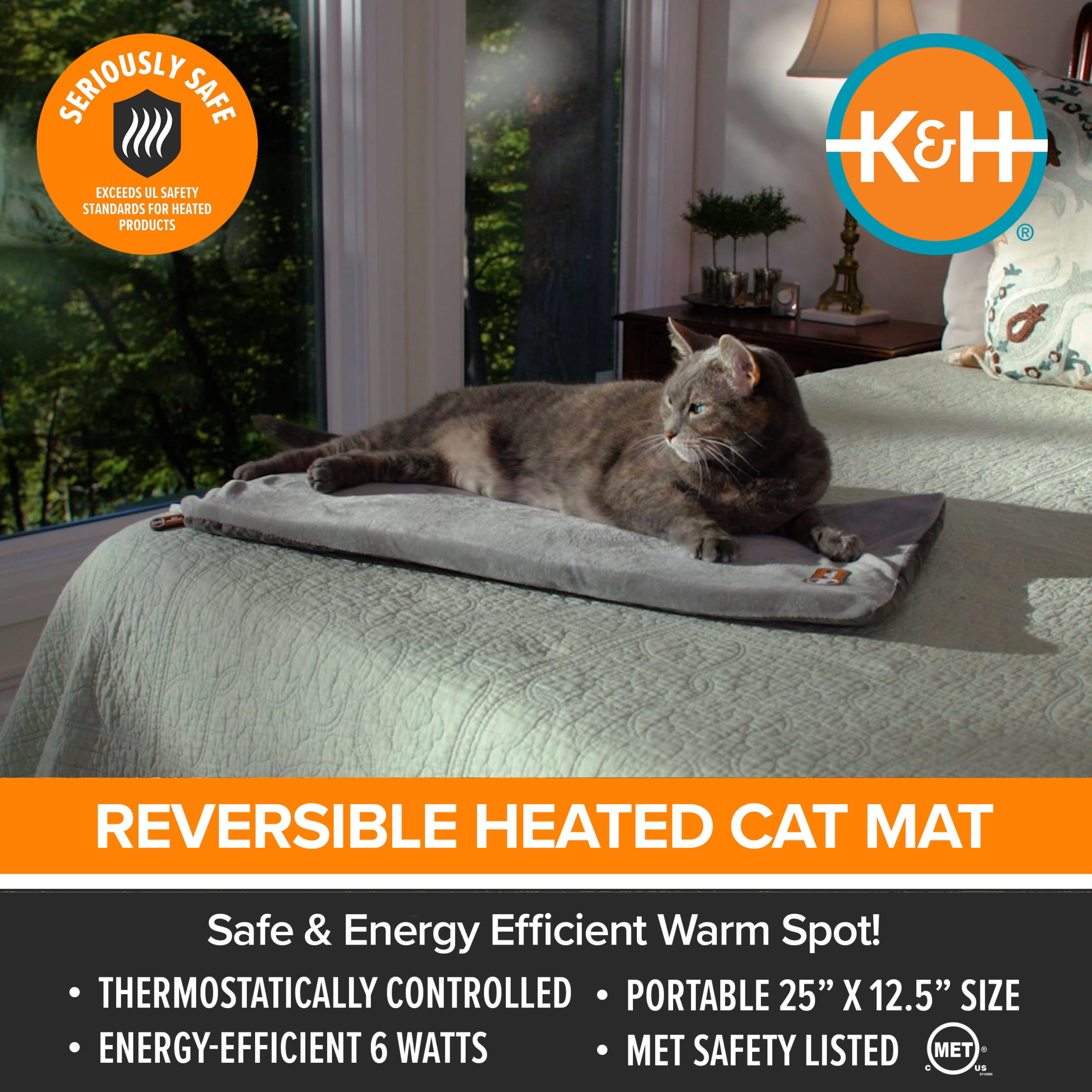 K&H Pet Products Thermo-Kitty Mat Heated Cat Bed Gray 12.5 X 25 Inches