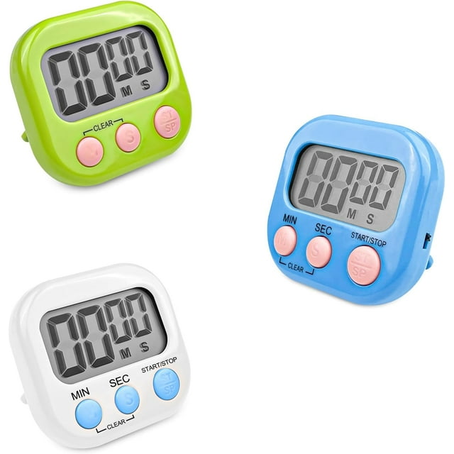Temporizador digital de cocina - 3 piezas - Temporizador magnético - Blanco/Verde/Azul - Pantalla LCD grande - Multifuncional - Incluye soporte