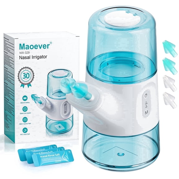 MAOEVER Nasal Irrigation System - Gentle Sinus Rinse for Nasal Congestion, Sinus Relief, Sensitive Nasal Mucosa & Dry, Irritated Noses- Dual Tank with 30 Salt Packets, Measuring Cup & 4 Tips (300mL)