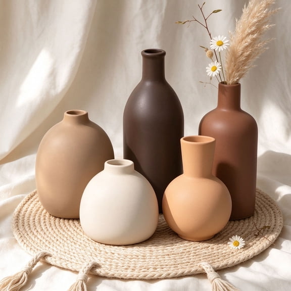 Ceramic Vase Set of 5, Rustic Farmhouse Flower Vases for Home Decor, Mini Dried Flower Vases for Office Desk Table Centerpiece, Boho Decorative Vases for Living Room Bedroom Shelf
