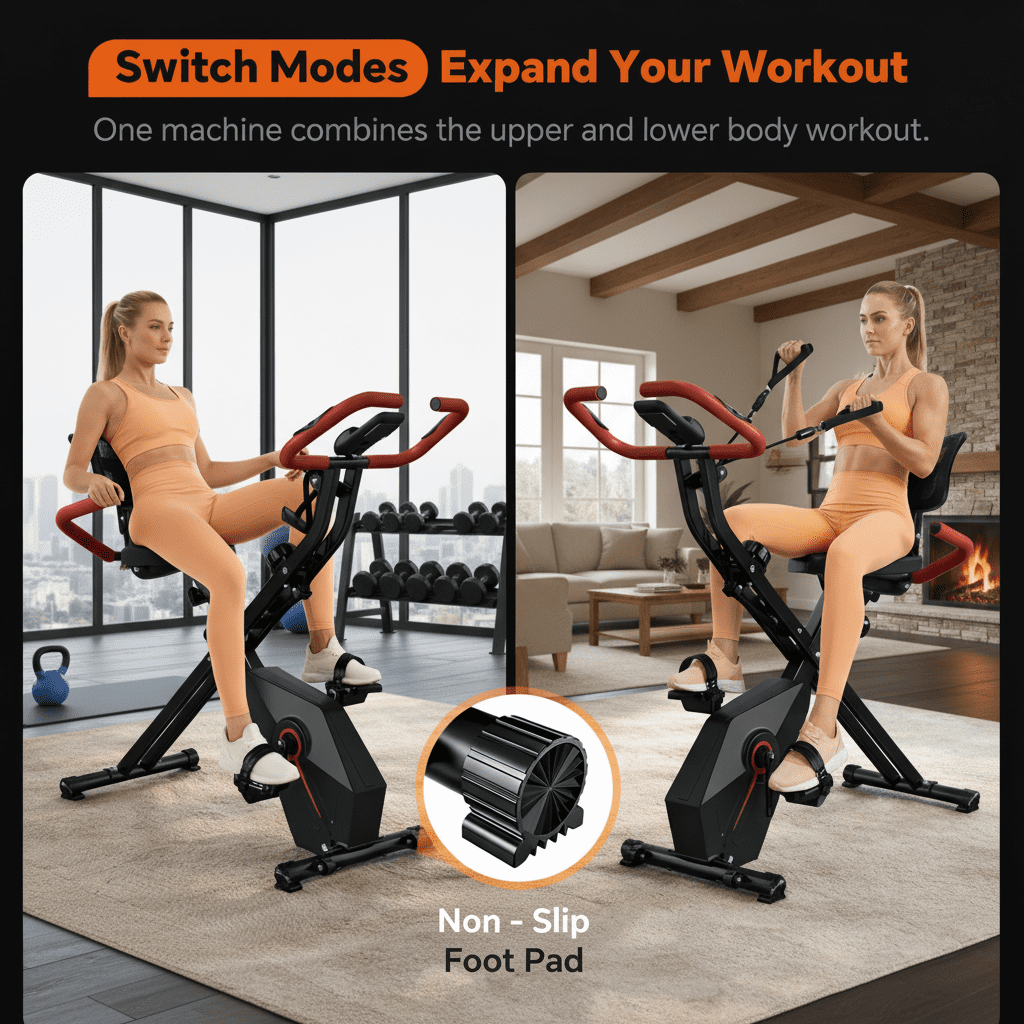 USLIM Foldable Exercise Bike for Home, Quiet Stationary Bike with Backrest, Resistance Bands, Heart Rate Monitor, 300 lb Capacity