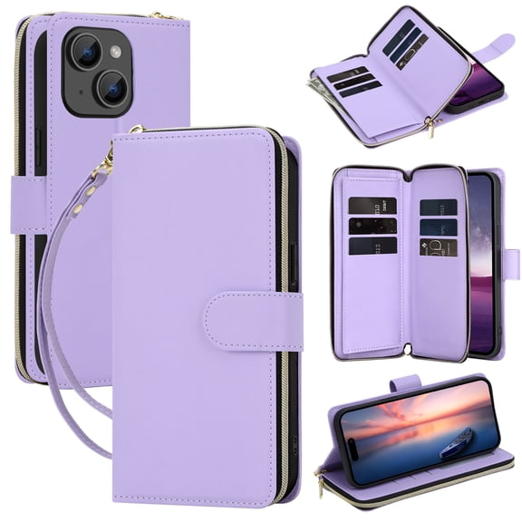 for iPhone 15 Crossbody Wallet Case with Card Holders Zipper Pocket for Women Girls, Shockproof Protective PU Leather Cover with Shoulder Strap & Hand Strap for iPhone 15, Purple