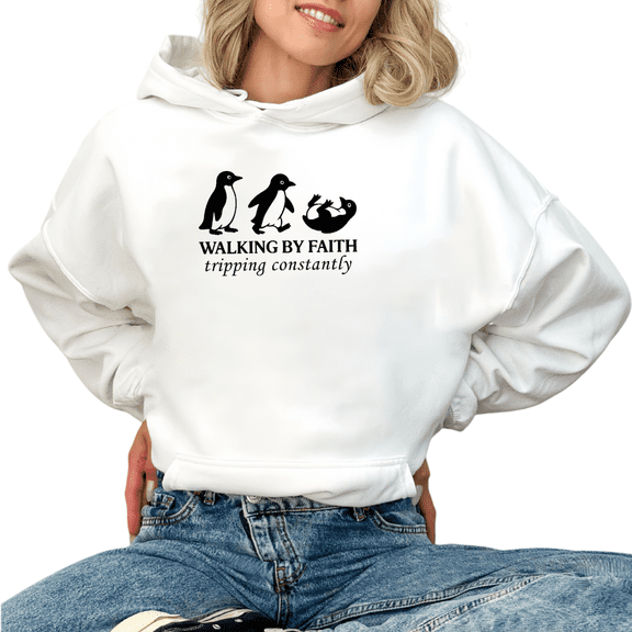 Women Breathable Walking By Faith Penguin Graphic Tee Christian Religious T Shirt Top Hooded long-sleeved White S-2XL