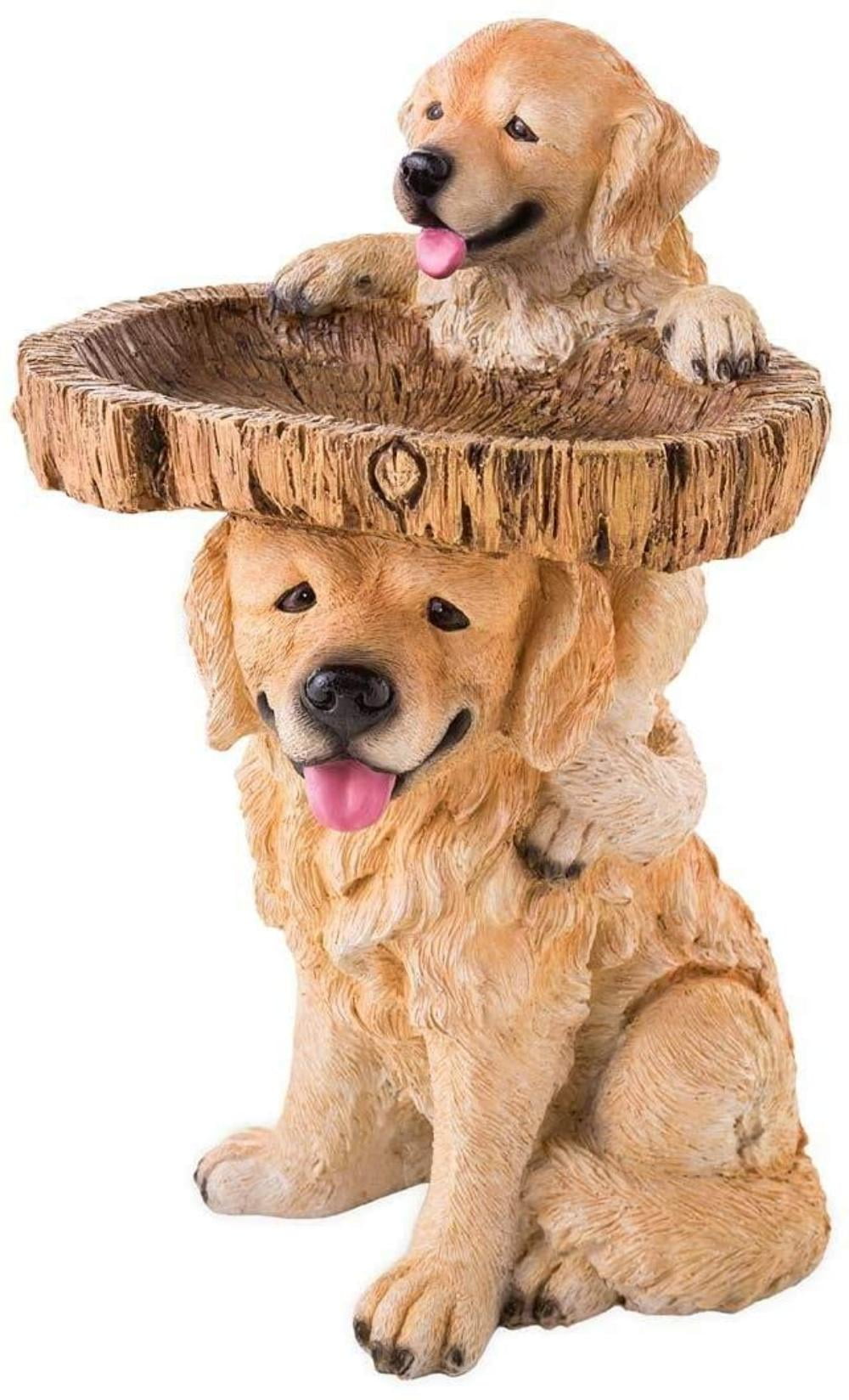 Two Playful Golden Retriever Puppies Resin Birdbath Hand-Painted All-Weather Wood-Look Resin Landscape and Garden Accent for Outdoor Garden Lawn Yard Decorations