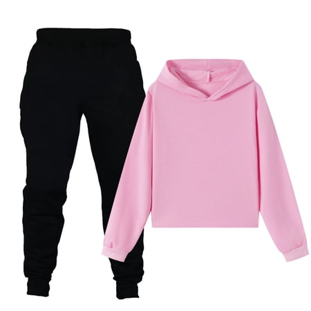 Dnhxils Sweatsuit Set for Boys Cropped Hooded Sweatshirts Relaxed Solid Pants Comfort Fall School Outdoor Kids Clothing for Teens Pink 13-14 Years