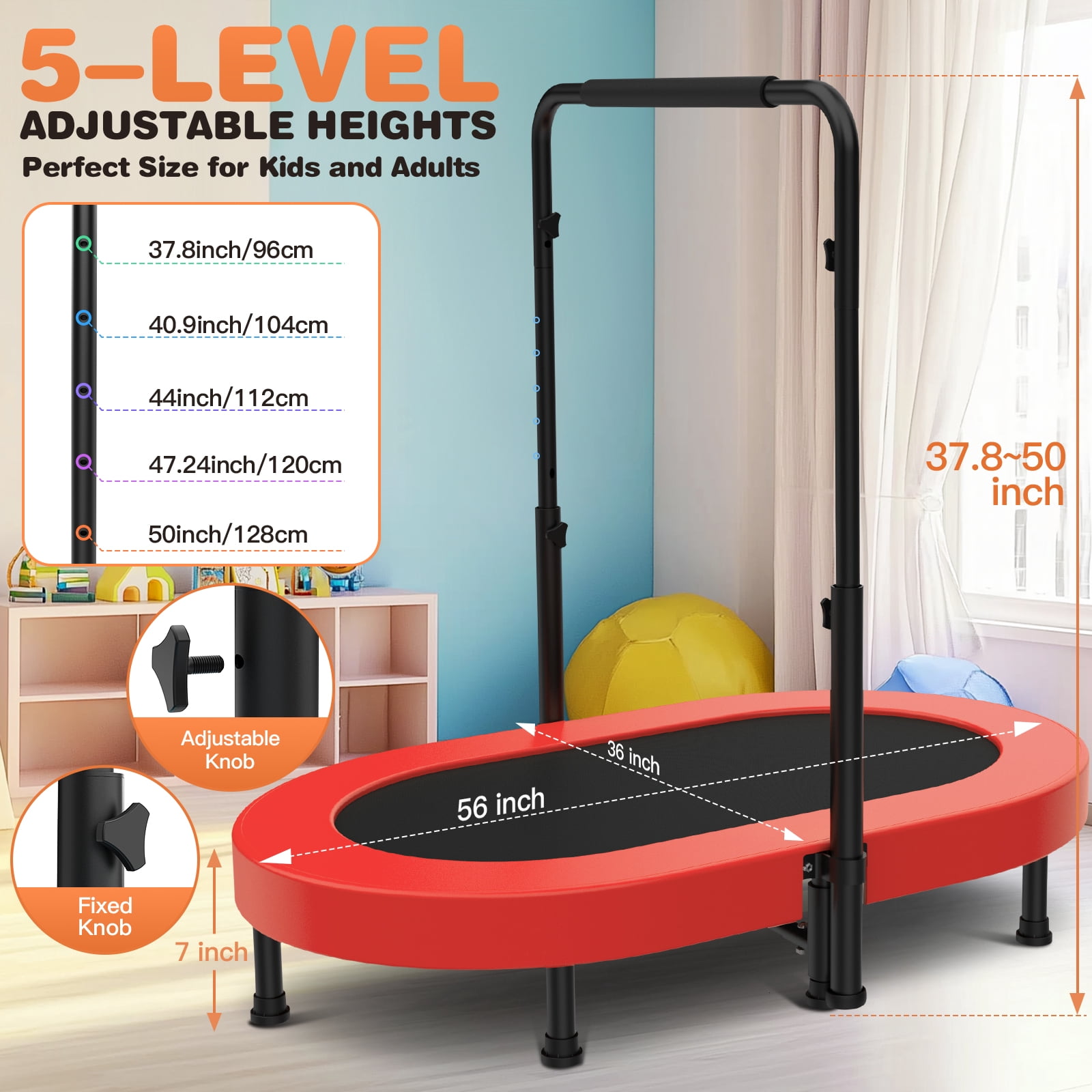 Foldable Mini Trampoline with Adjustable Handle, Parent-Child Rebounder Trampoline Max 220lbs for Kids & Family Exercise