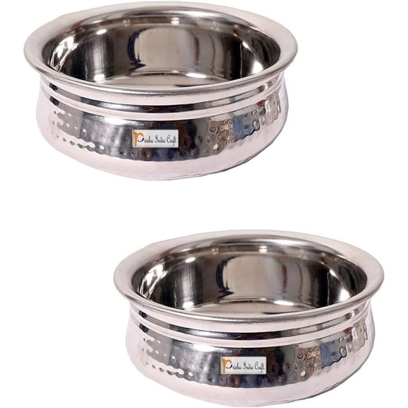 Prisha India Craft Hammered Design Stainless Steel Serving Handi Bowl, Silver, 13 cm, Capacity - 350 ml (Pack of 2)