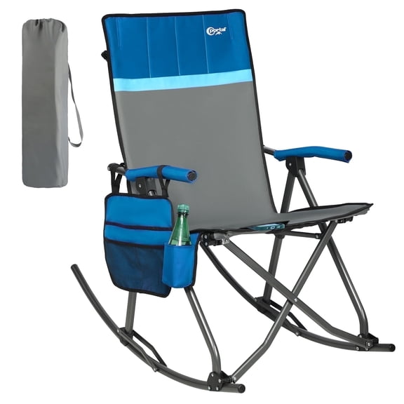 PORTAL Folding Rocking Camping Chair, Portable Oversized Outdoor Rocker with High Back Hard Armrests, Supports 300 lbs, Blue