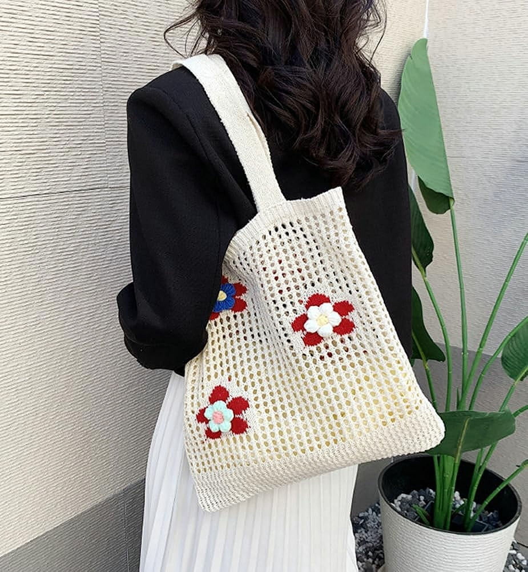 Kukuzhu Women Handmade Crochet Tote Bag Y2k Purse Cute Aesthetic Shoulder Bag Knitted Hobo Bag Mesh Beach Bag