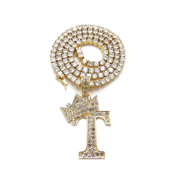 iJewelry2 Kings and Queens Crowned Initial Letter T Pendant Gold-tone CZ Tennis Chain Necklace 18''