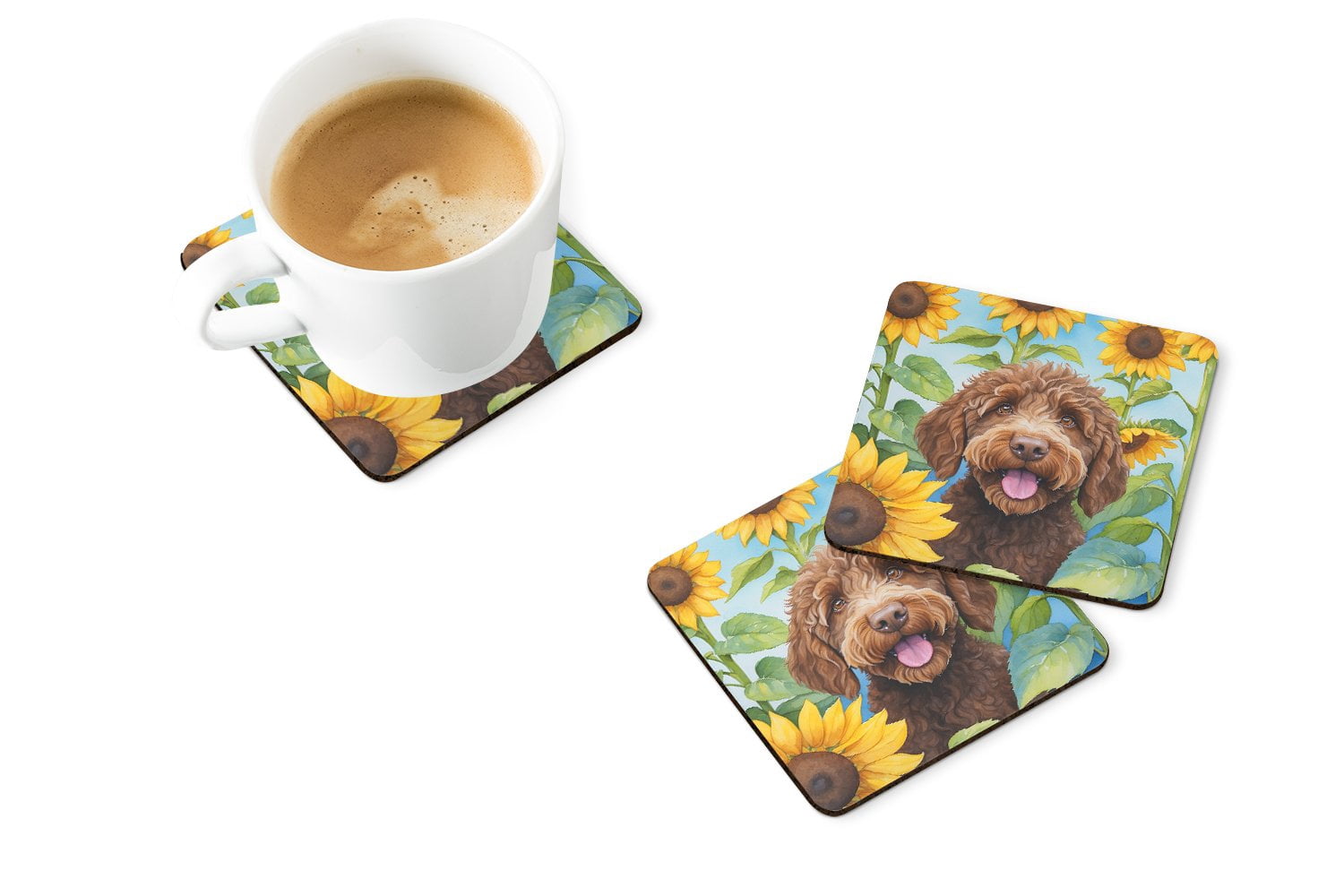 Labradoodle in Sunflowers Foam Coasters 3.5 in x 3.5 in