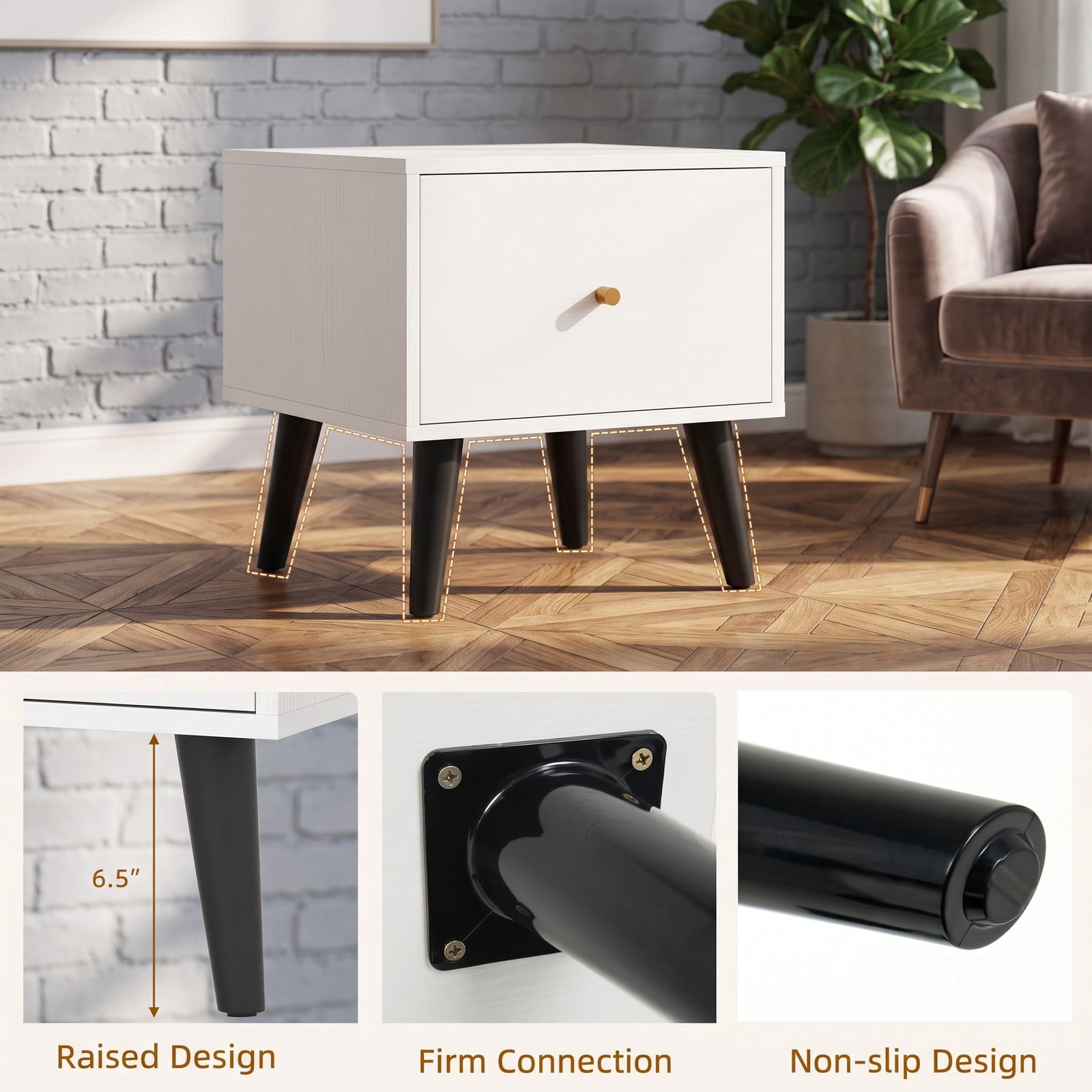 Furnibear Mid Century Nightstand with 2 Drawers and Golden Knobs and Tapered Legs for Bedside Storage in the Bedroom and Living Room, White