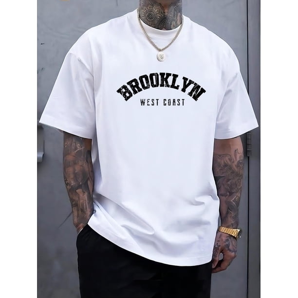 Graphic Playera, HombreCasual Crew Neck T-Shirts for Men - Regular Fit Knit Polyester Tops with Geometric Brooklyn West Coast Print, Elastic Fabric with Slight Stretch - Summer Short Sleeve Patterne