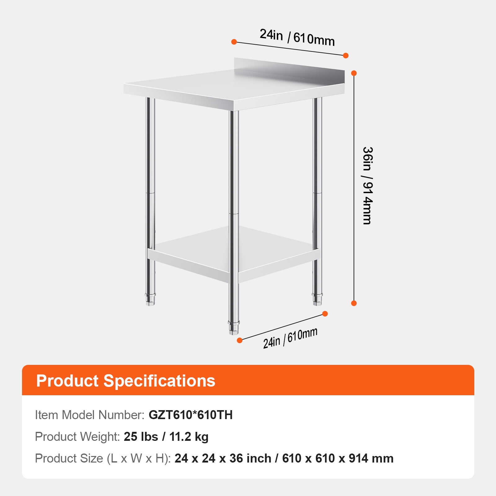 KFFKFF 24x24x36-Inch Metal Food Preparation Table, Durable Stainless Steel Work Table, Adjustable Height, Ideal for Restaurants, Homes, and Hotels