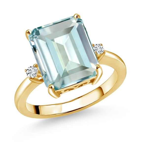 Gem Stone King 18K Yellow Gold Plated Silver 12X10MM Sky Blue Simulated Aquamarine and 2MM White Diamond 3 Stone Engagement Ring for Women | 5.48 Cttw | Gemstone March Birthstone | Size 5