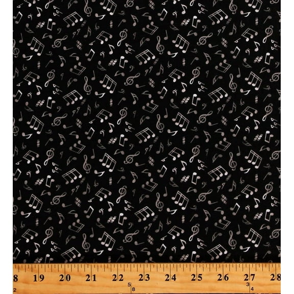 Cotton Music Notes Musical Symbols Bass Treble Clefs Sharps Flats Signs White on Black Jazz Cotton Fabric Print by the Yard (148BLACK)