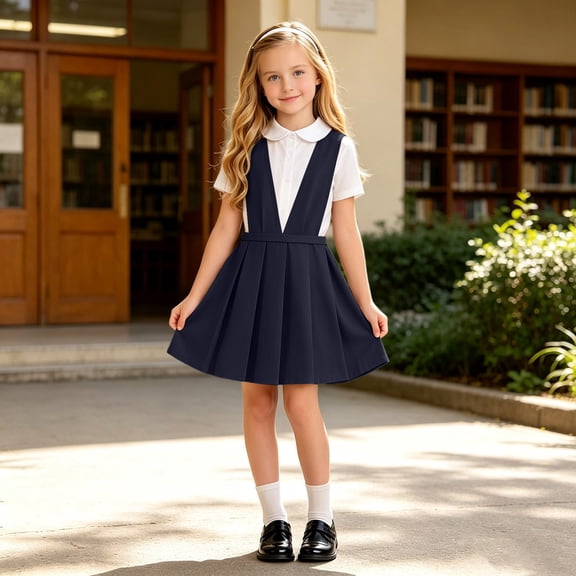 School Plaid Pleated Pinafore Dress For Girls – Back To School For Young Students Comfortable Everyday Wear(Navy,10-11 Years)