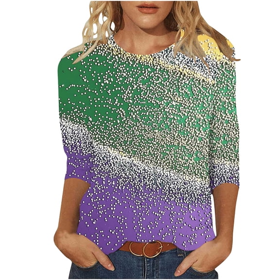 Xdegoge Mardi Gras Shirts for Women Glitter Print Green Purple 3/4 Sleeve Loose Fit Crew Neck T-Shirt Carnival Party Top