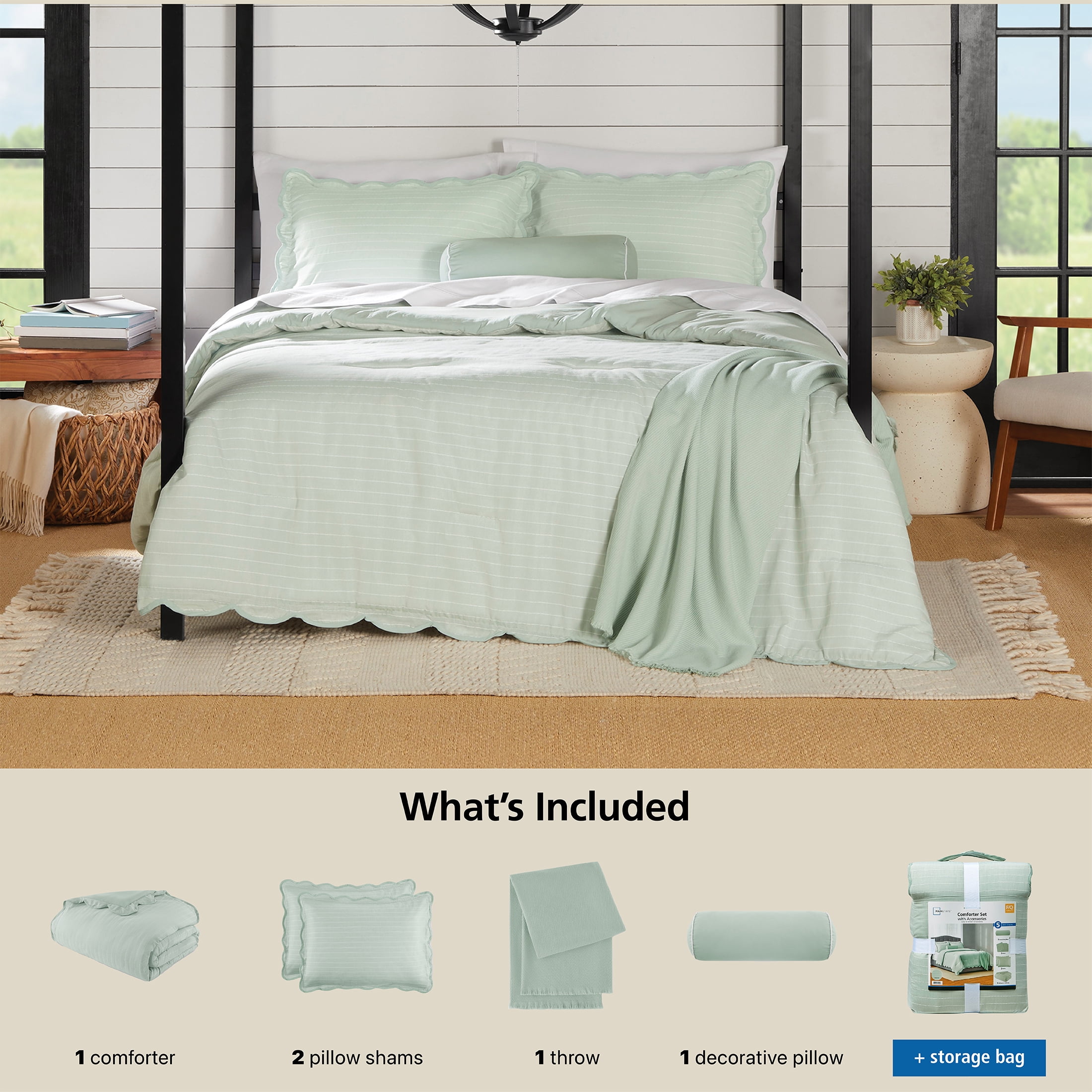Mainstays King Comforter Set, All-Season, 5-Piece, Sage Pick Stitch Scallop