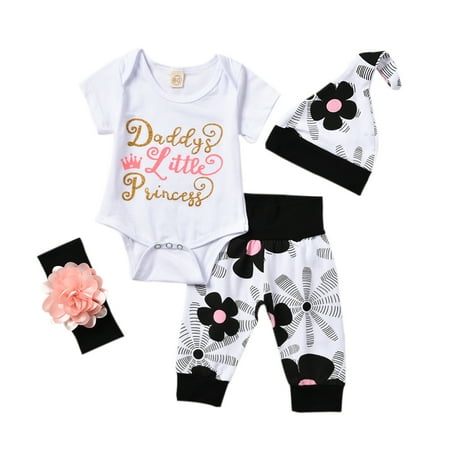 

Baby Girl Boy Short Sleeve Letter Print Romper + Floral Pants + Hat + Headband
