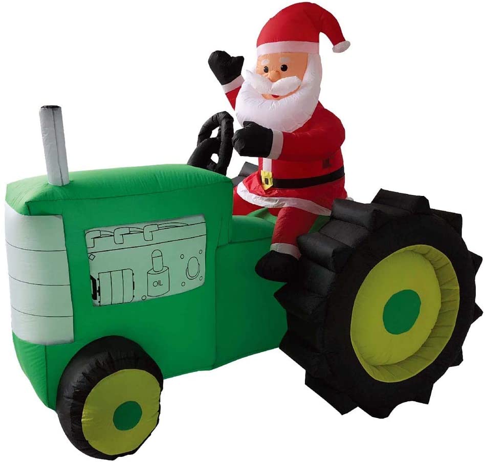 6 1/2' Air Blown Inflatable Christmas Santa Claus On Green Tractor