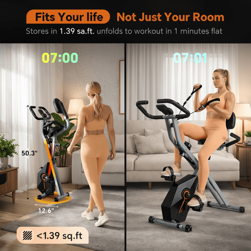 USLIM Foldable Exercise Stationary Bike for Small Apartments, Indoor Portable Cycling Bike with Resistance Bands, 300 lb Capacity