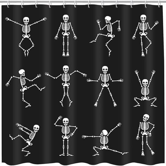 Ybomd,XS Size Black Funny Dancing Skeleton Halloween Shower Curtain, Cartoon Vintage Bathroom Decor with No-Odor Waterproof Fabric