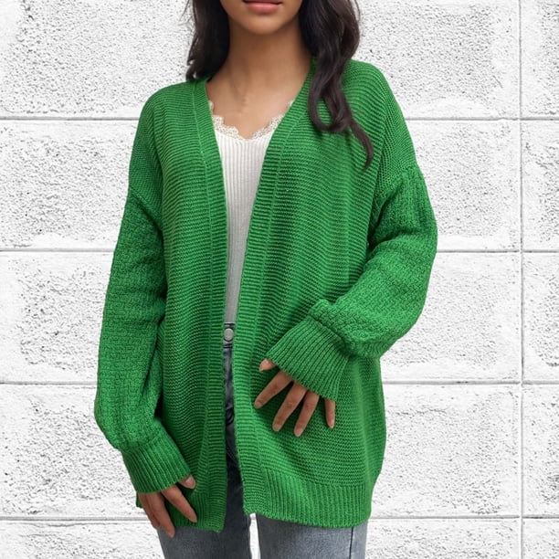 Suéter de cuello en V, estilo europeo y holgado, tejido informal, con mangas abullonadas, para mujer.