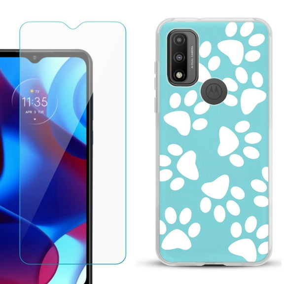 Slim-Fit Gel TPU Phone Case for Motorola Moto G Pure, with Tempered Glass Screen Protector, by OneToughShield ® - Pet Paw / Teal