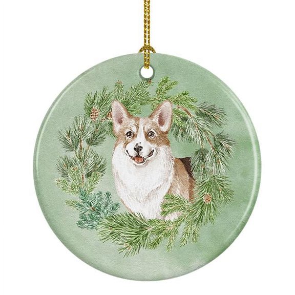 Corgi Tricolor Smiling Christmas Wreath Ceramic Ornament 2.8 in x 2.8 in