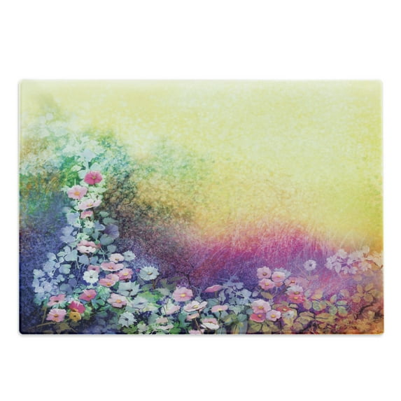 Flower Cutting Board, Ivy Floral Beauty in Spring Blooming Nature Soft Calm Paradise Print, Decorative Tempered Glass Cutting and Serving Board, Large Size, Purple Yellow Multicolor, by Ambesonne