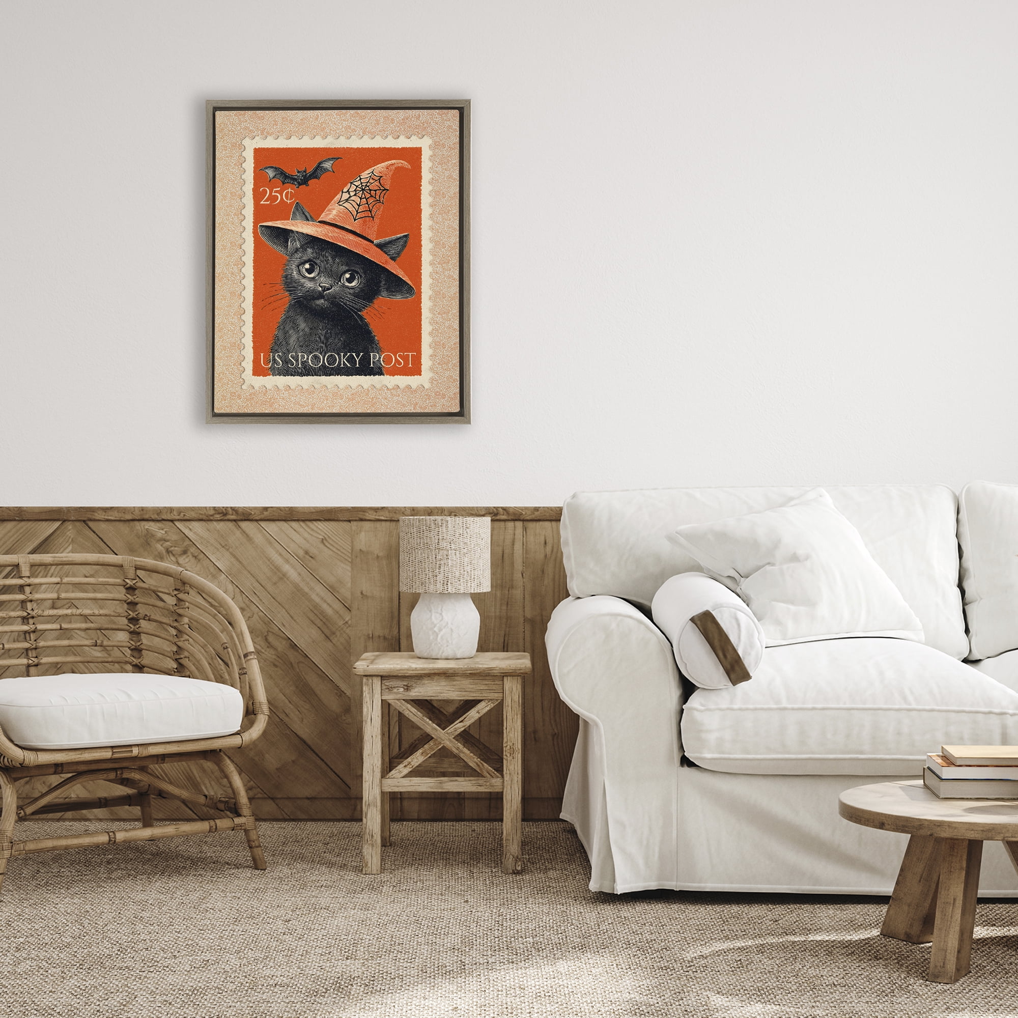 Vintage Black Cat Stamp Brown Framed Floater Canvas Wall Art, design by Arlington Prints