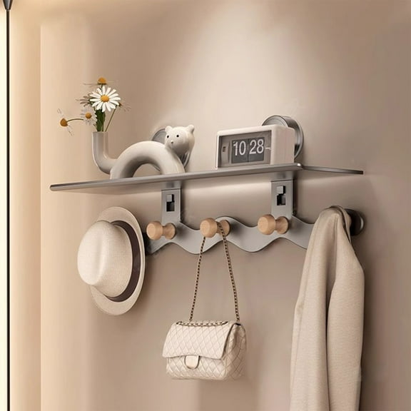 Oggfader Wall-Mounted Entryway Hook Shelf with 5 Hooks - Wood & Alloy Decorative Wall Storage for Bathroom, Kitchen, Bedroom - Space-Saving Organizer Gray