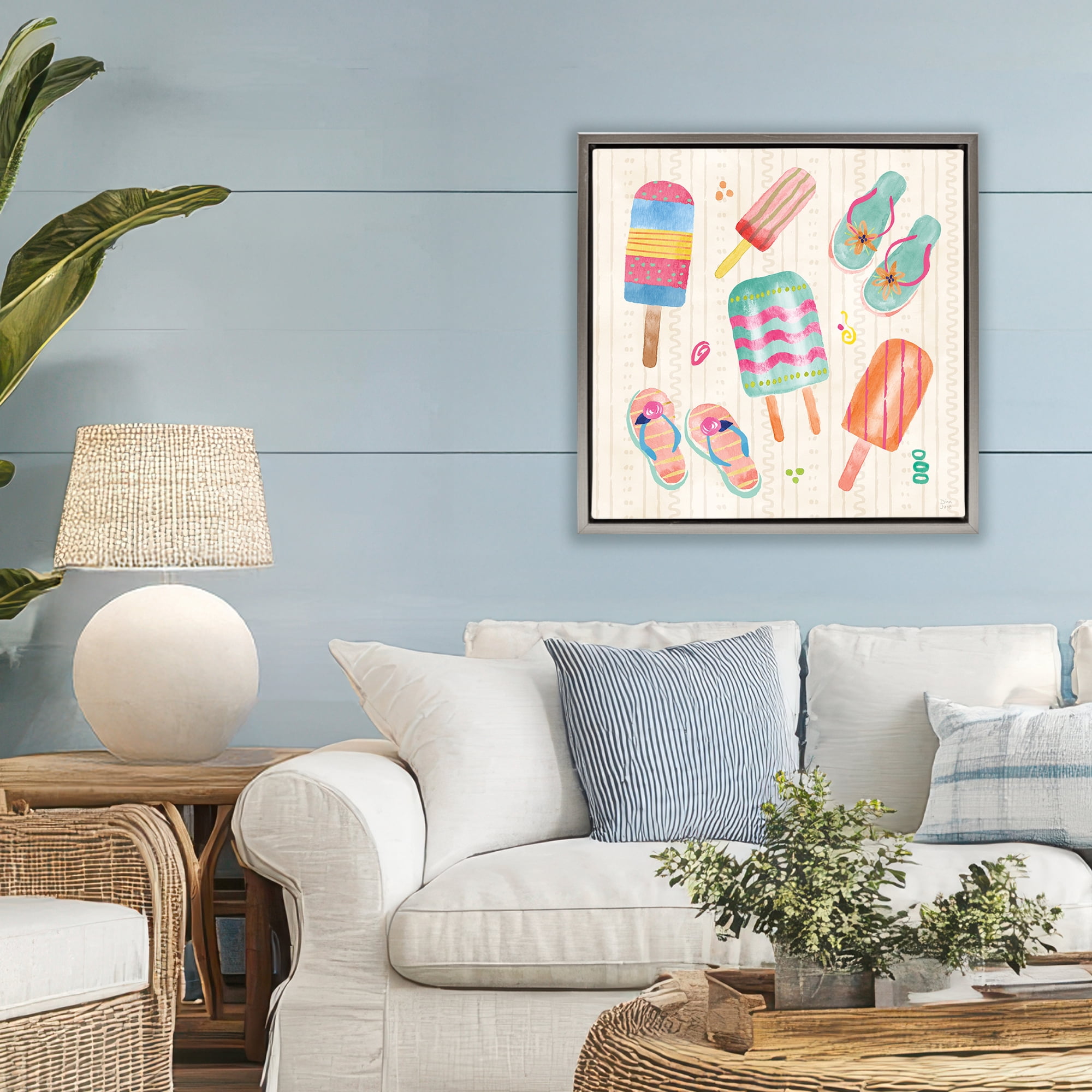 Stupell Industries Summer Popsicles & Sandals Gray Framed Floater Canvas Wall Art, design by Dina June