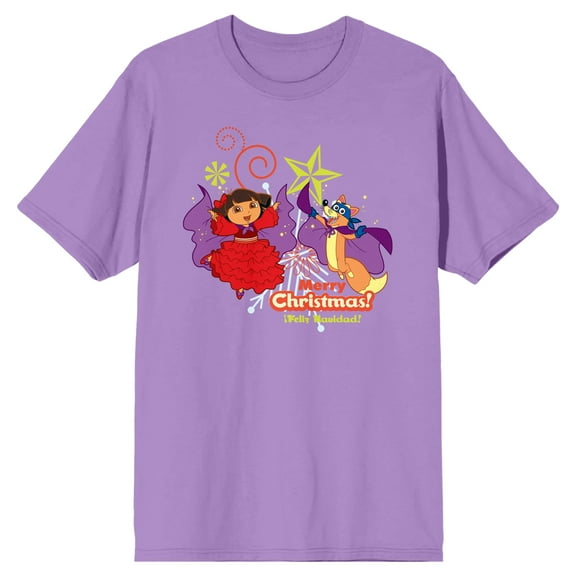 Dora The Explorer Animated Dora & Swiper Feliz Navidad Crew Neck Short Sleeve Lavender Adult T-shirt-Medium