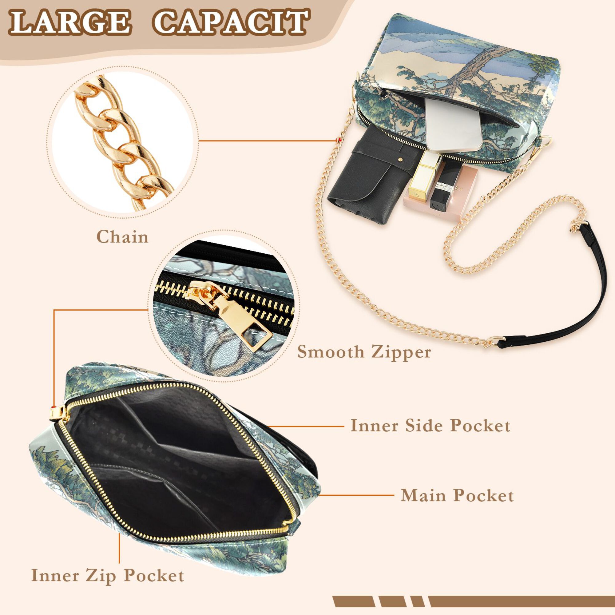 FORMRS Women Crossbody Purse with Chain Strap Vegan Leather Shoulder Handbag, Beige Mountain