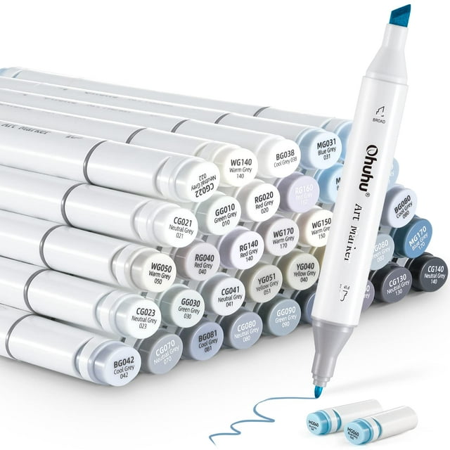 Marcadores de alcohol Ohuhu Grey Tone, 36 colores en escala de grises y batidora