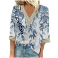 thumbnail image 2 of NSLGXD Womens 3/4 Sleeve Tops Plus Size T-Shirt Summer Loose Fit Lace V Neck Casual Shirts Three Quarter Length Floral Print Basic Tunic Tops Blouses for Women Dressy Casual, 2 of 5