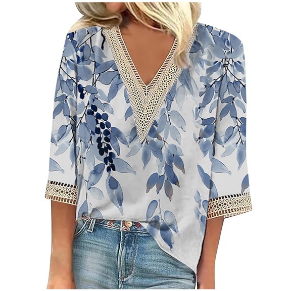 GERsome Women 3/4 Sleeve Tunic Tops Casual Lace Trim V Neck Eyelet Dressy Ladies Blouses Summer Spring T Shirts