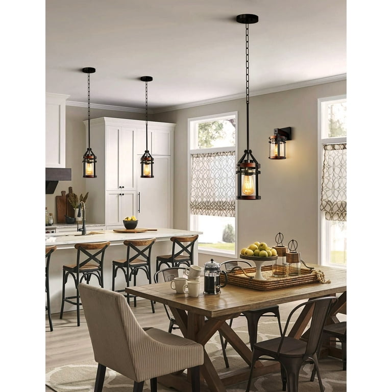 Black Wood Finish Single Pendant Lighting Fixture Farmhouse Clear Glass Cylinder Hanging Lantern for Living Room Dining Room Kitchen
