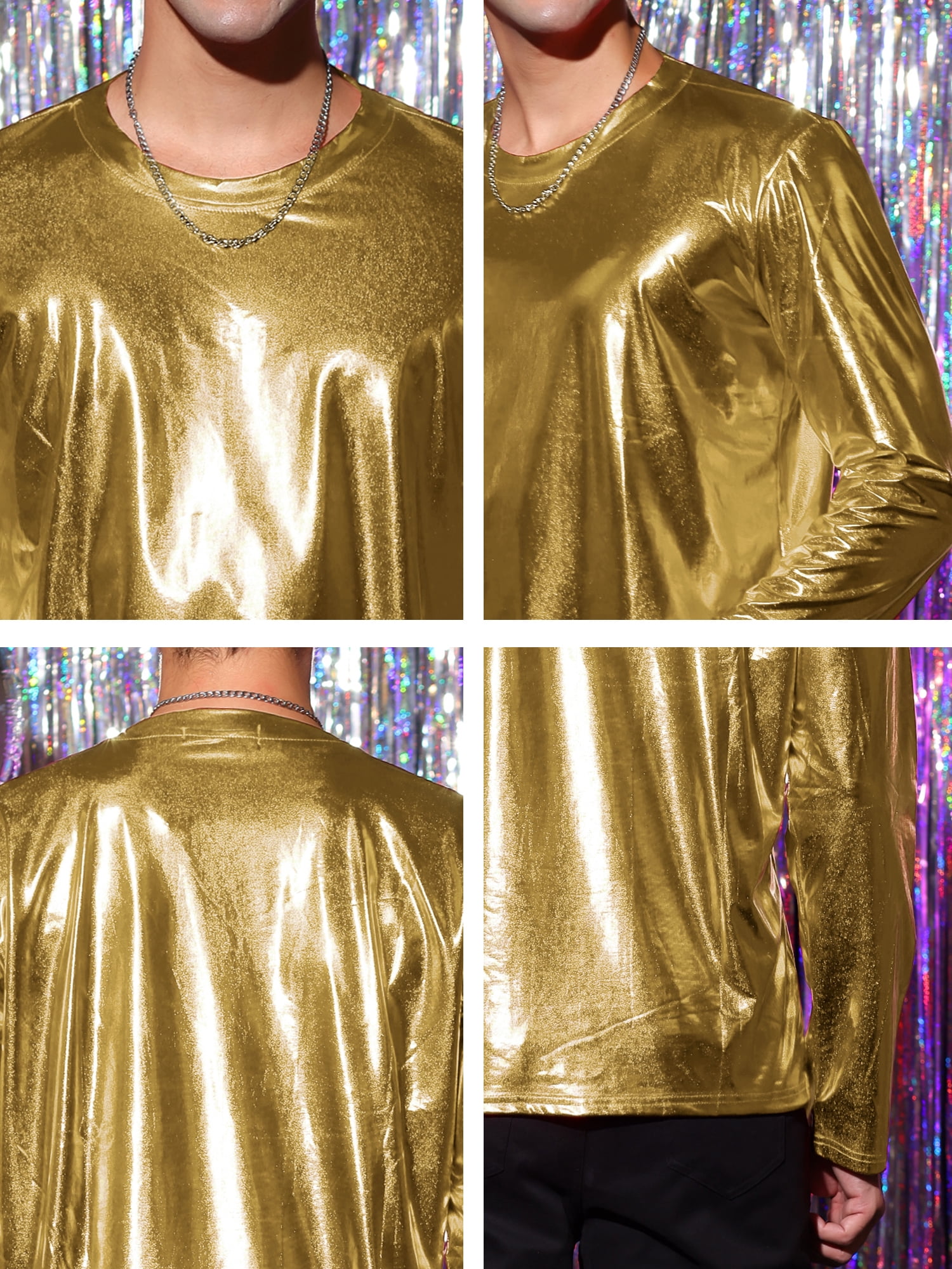 Unique Bargains Men's Metallic T-Shirt Round Neck Long Sleeve Shining Disco Tee Top L Golden