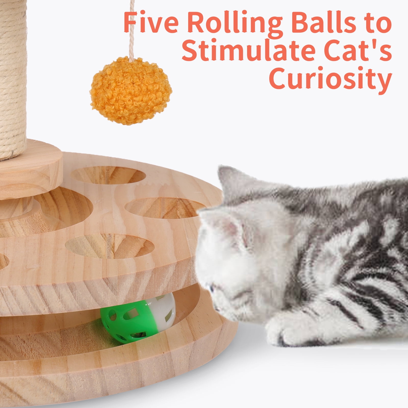 DENTRUN Cat Toy Roller, Interactive Cat Turntable Ball Track with Scratching Post Dangling Ball, Wood Maze Play Toy Ball for Indoor Cats Kittens